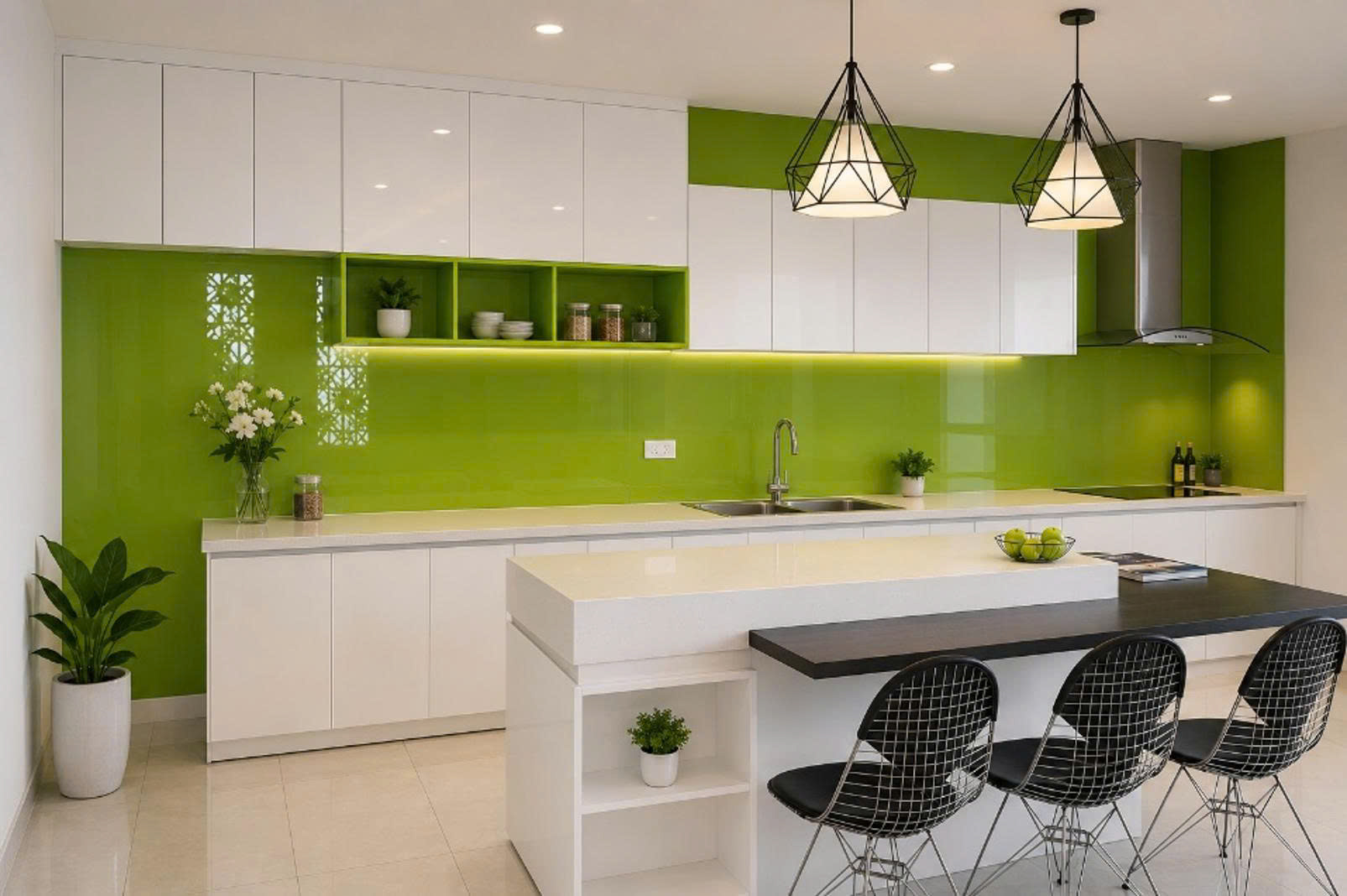 Mẫu tủ bếp Acrylic chữ G trắng đen sang trọng 562020R7F đẹp hiện đại