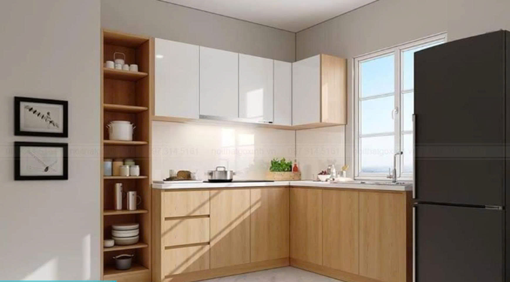 Tủ bếp chữ L Melamine màu vân gỗ và trắng có tủ kho 452020BQZ đẹp hiện đại