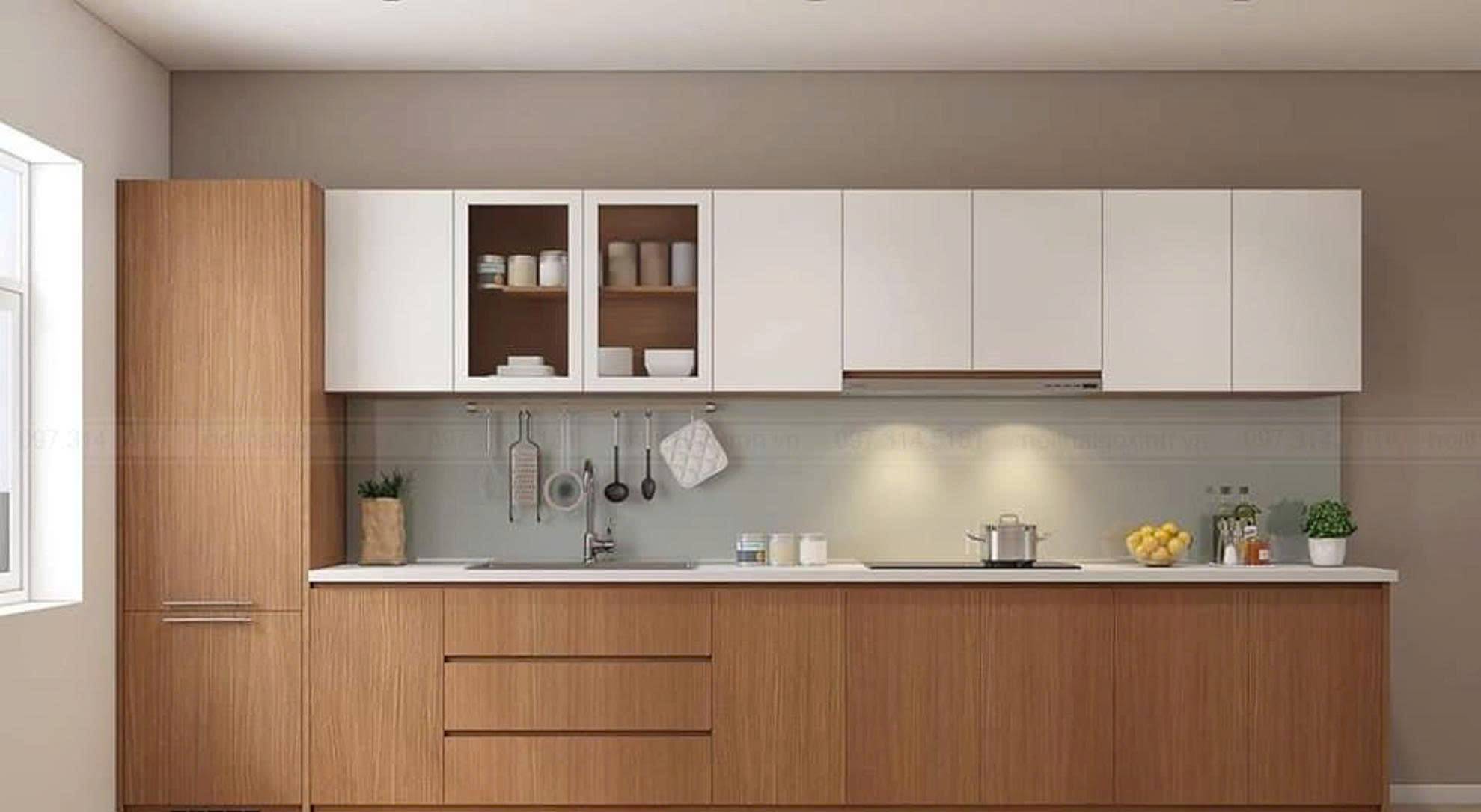 Mẫu thiết kế tủ bếp Melamine màu trắng vân gỗ đẹp 292020KJ2 hiện đại sang trọng