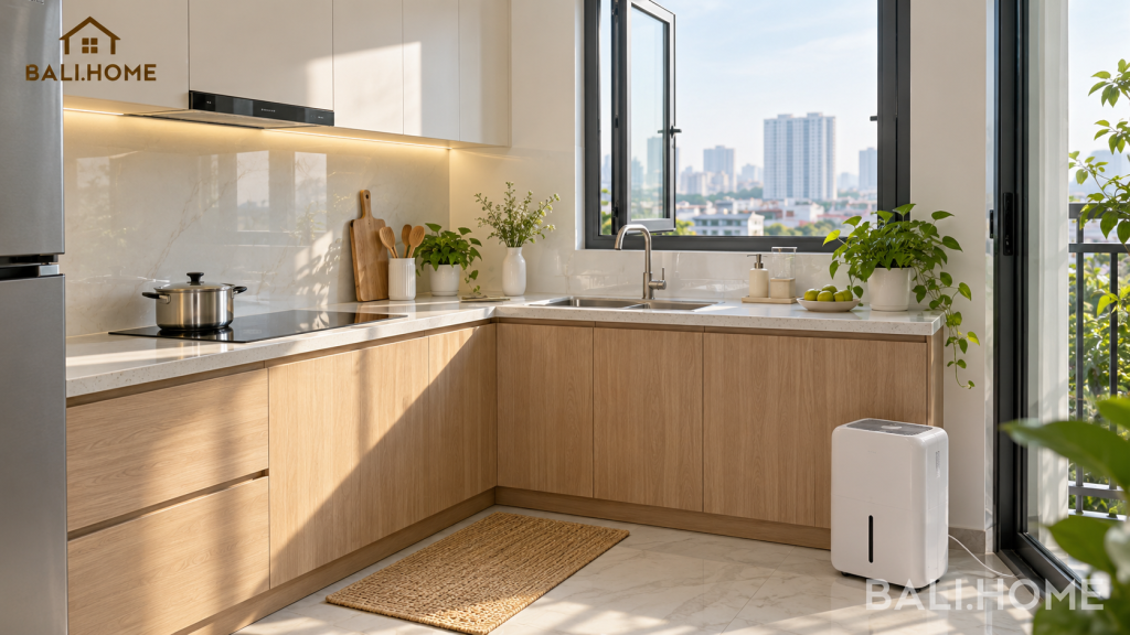 Chống nồm ẩm cho nội thất gỗ công nghiệp: bếp thoáng với máy hút ẩm trong căn hộ Hà Nội