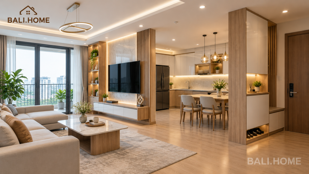 Nội thất chung cư trọn gói Hà Nội phòng khách liền bếp gỗ công nghiệp - BALI.HOME