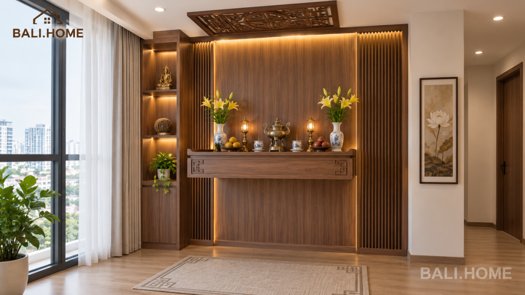 Phòng thờ chung cư với bàn thờ treo tường gỗ công nghiệp vân óc chó - BALI.HOME