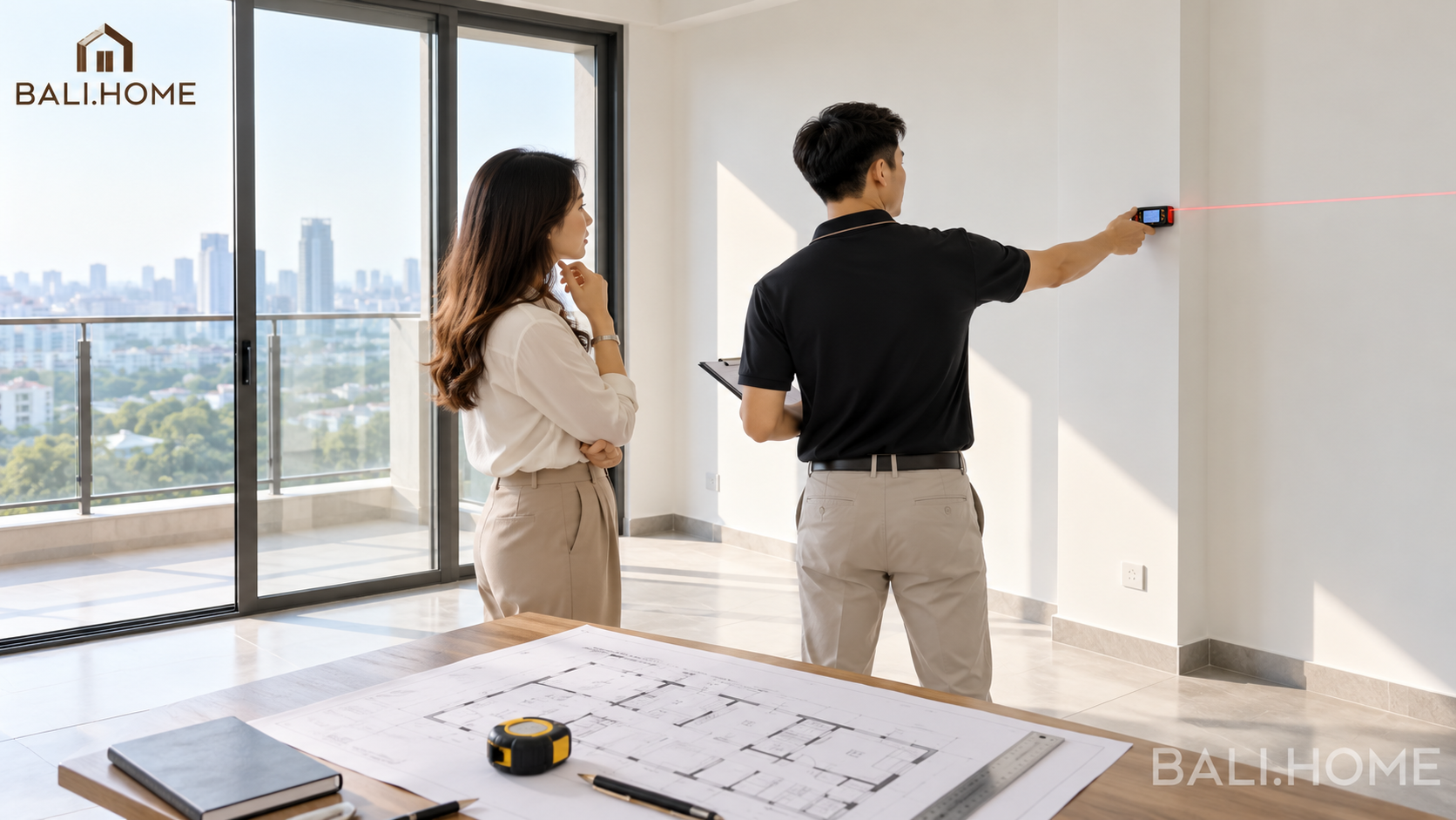 Quy trình thi công nội thất: khảo sát đo đạc căn hộ cùng chủ nhà