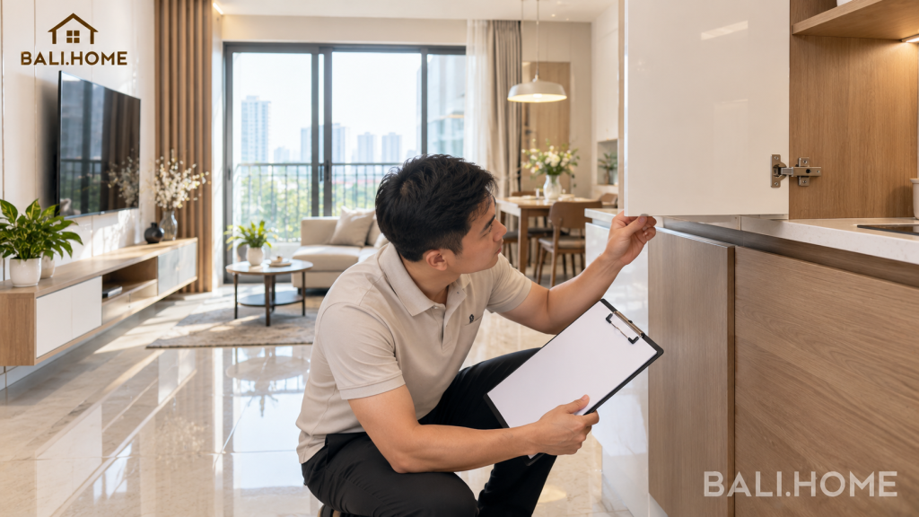 Checklist nghiệm thu nội thất trọn gói: chủ nhà kiểm tra cánh tủ bếp trong căn hộ