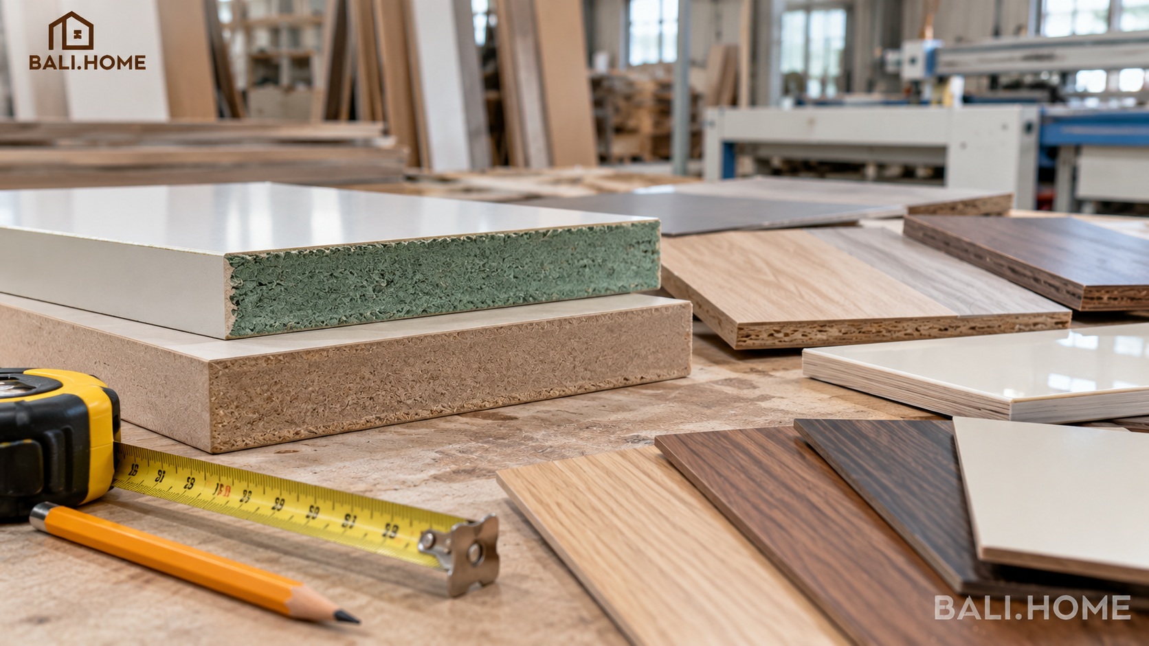 Mặt cắt ván MDF chống ẩm lõi xanh và MDF lõi thường tại xưởng BALI.HOME