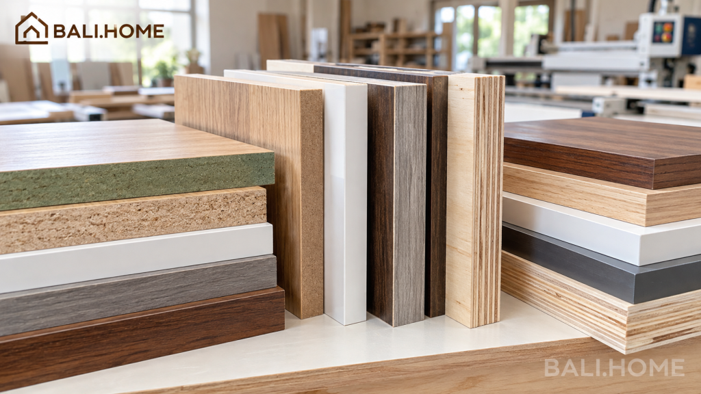 Gỗ công nghiệp có tốt không: mẫu ván gỗ công nghiệp tại xưởng mộc BALI.HOME