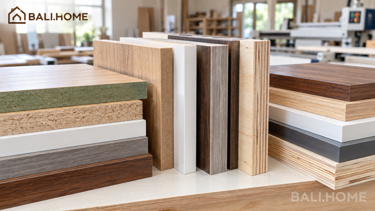 Gỗ công nghiệp có tốt không: mẫu ván gỗ công nghiệp tại xưởng mộc BALI.HOME