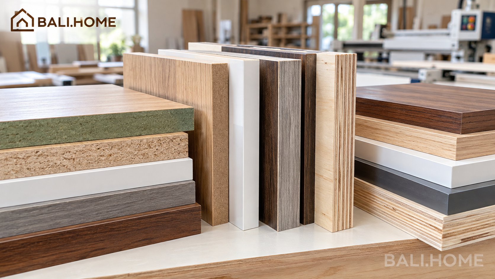 Gỗ công nghiệp có tốt không: mẫu ván gỗ công nghiệp tại xưởng mộc BALI.HOME
