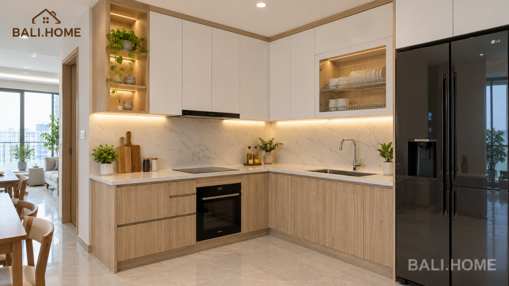 Tủ bếp gỗ công nghiệp MDF chống ẩm chữ L trong căn hộ chung cư Hà Nội - BALI.HOME