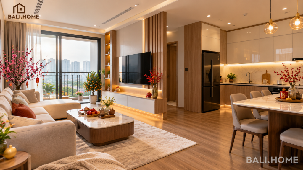 Phòng khách và bếp chung cư gỗ công nghiệp trang trí đón Tết 2027 - BALI.HOME