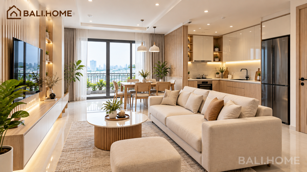 Thiết kế nội thất chung cư 70m2: phòng khách gọn thoáng nhìn ra thành phố