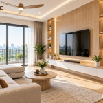Vách tivi phòng khách đẹp: kiểu, vật liệu, lưu ý