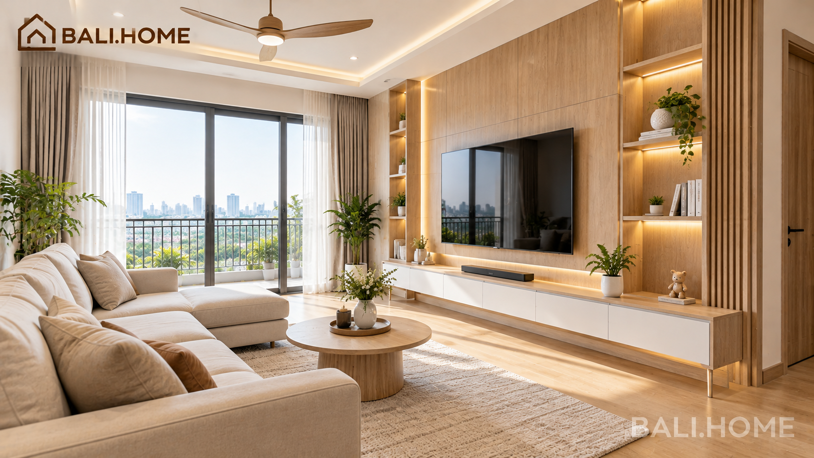 Vách tivi phòng khách đẹp ốp gỗ công nghiệp với sofa và ánh sáng tự nhiên