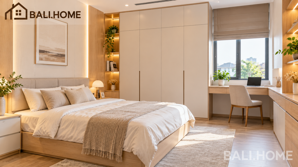 Xu hướng nội thất 2027: phòng ngủ tối giản ấm với tủ âm tường gỗ công nghiệp vân sồi
