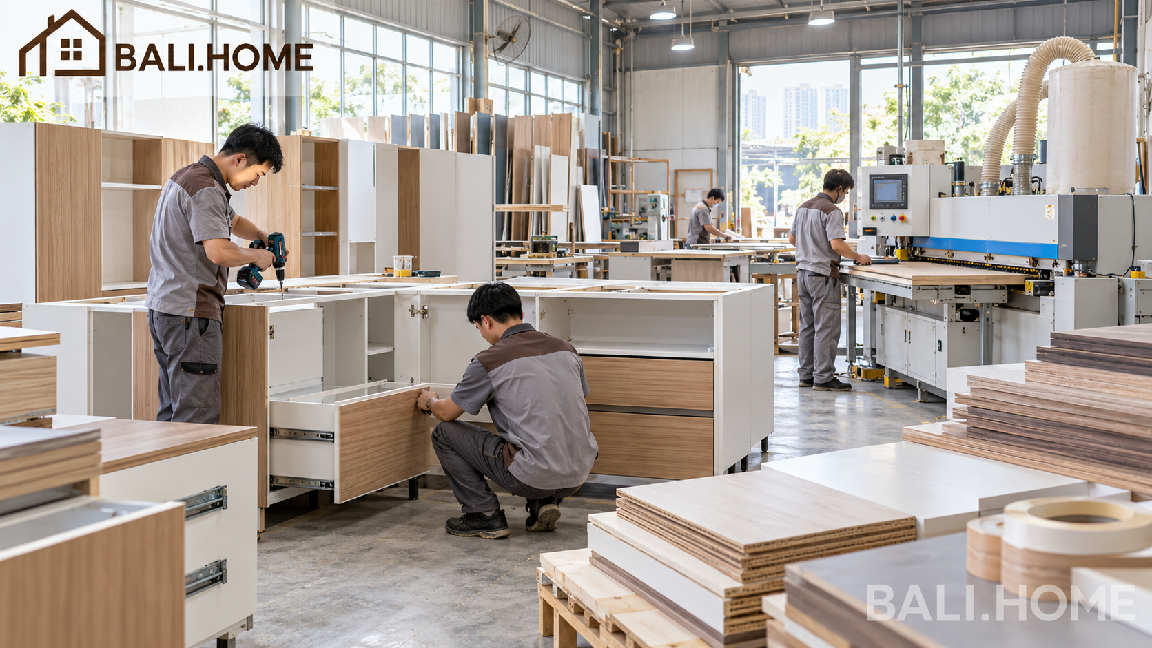 Xưởng sản xuất nội thất Hà Nội của BALI.HOME với thợ lắp ráp tủ bếp gỗ công nghiệp